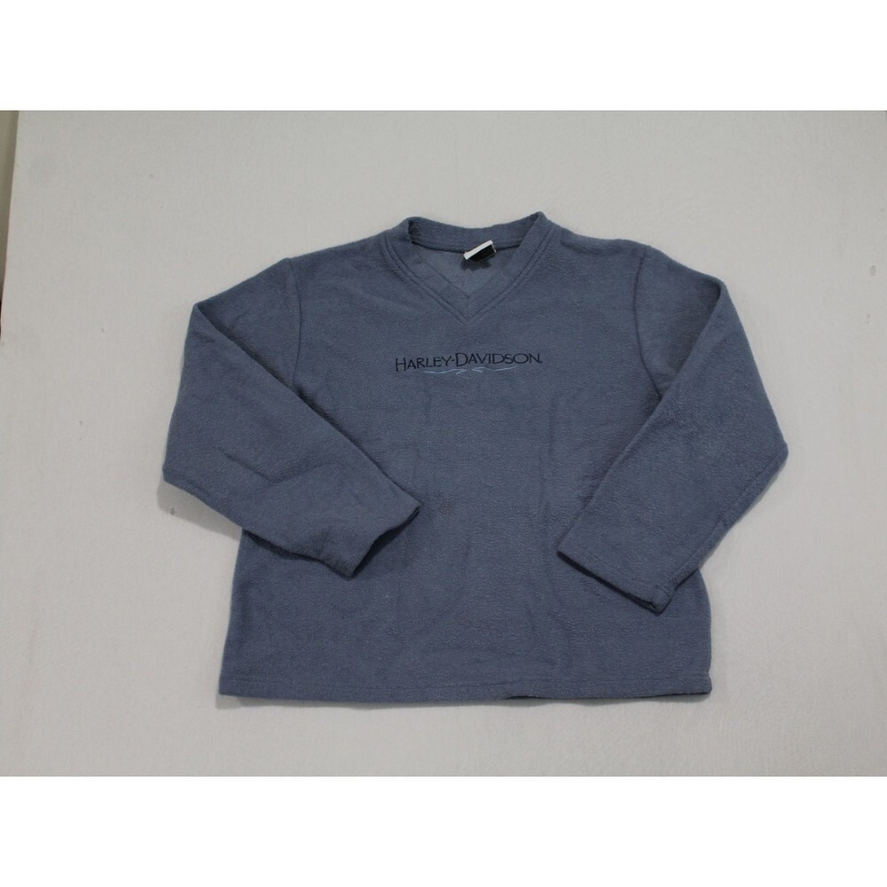 Harley Davidson Women Blue Sweater Fleece V Neck Spell Out Size Large